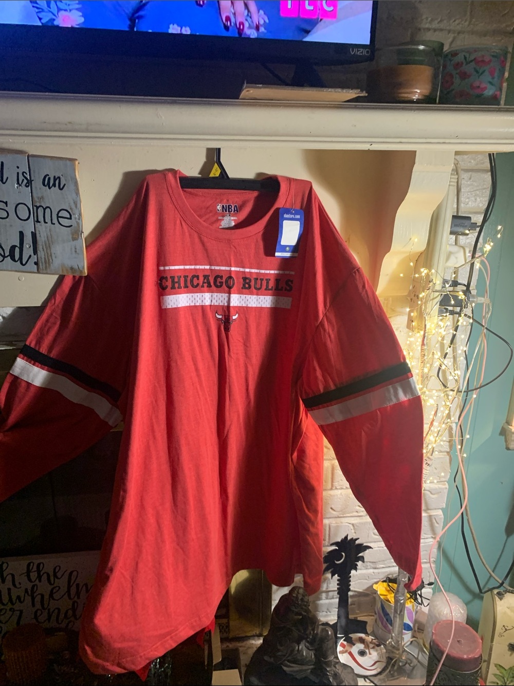 NBA Chicago Bulls Red Long-Sleeve Jersey Shirt with Sleeve Stripes